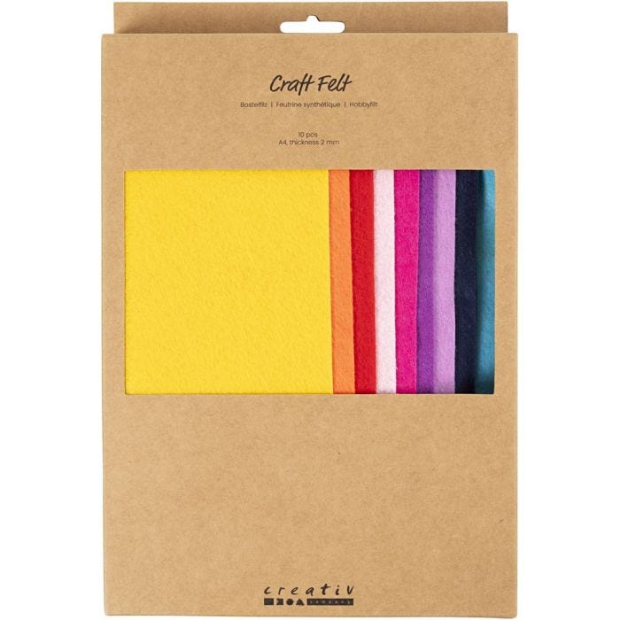 Feutrine synthétique, A4, feuille 210x297 mm, ép. 2 mm, multicolore, 10 pièces/ 1 Pq.