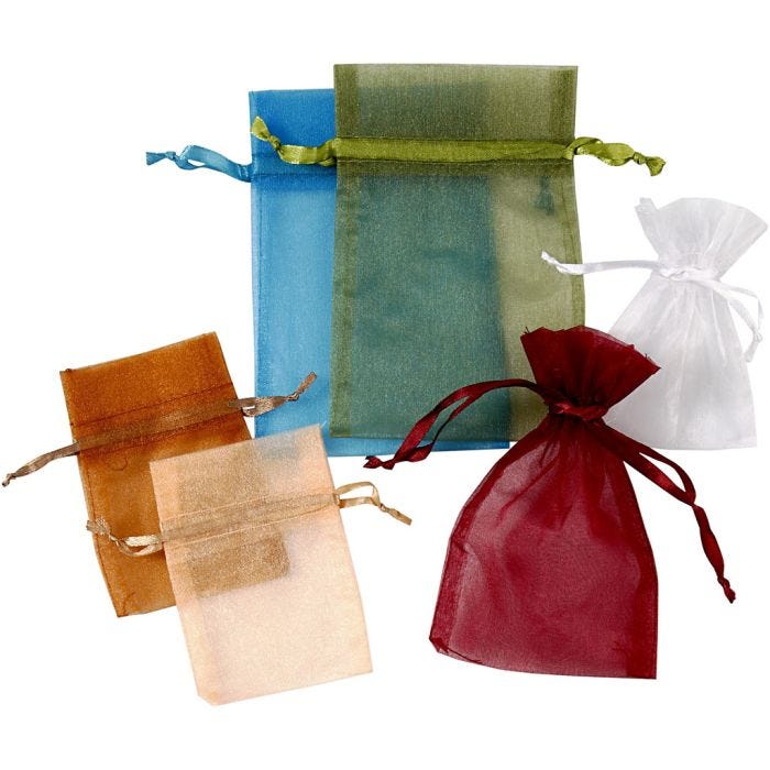 Organza zakjes, afm 7x10+10x15 cm, diverse kleuren, 30 stuk/ 1 doos