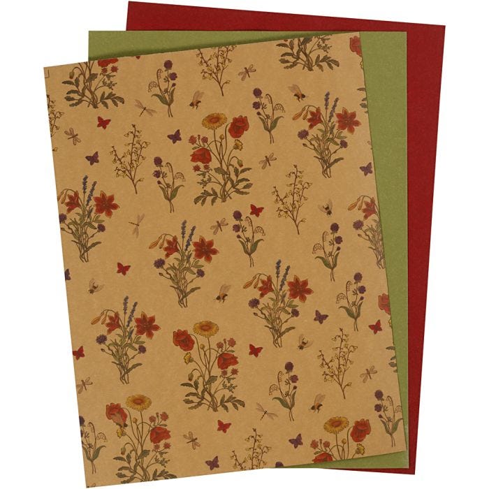 Papier imitation cuir, feuille 21x27,5+21x28,5+21x29,5 cm, ép. 0,55 mm, unicolor,imprimé, naturel, vert, rouge, 3 flles/ 1 Pq.