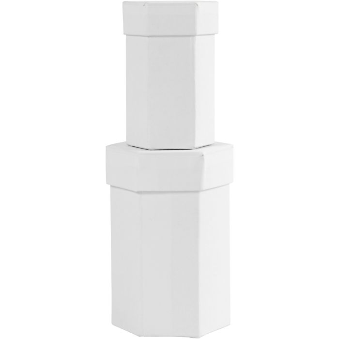 Boîtes hexagonales, H : 7+9 cm, dim. 4,5+6 cm, blanc, 2 pièces/ 1 set