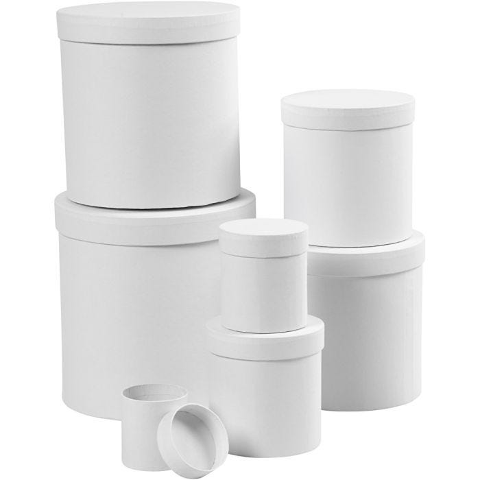 Boîtes, rondes, H : 7,5+10,2 +12,7+15,2 +17,7+20,2 +22,7 cm, d 7+9 +12+14,5 +17+19,5 +22 cm, blanc, 7 pièces/ 1 set