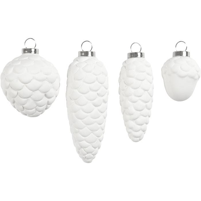 Décorations à suspendre, H : 3,5+5+6,6+8,5 cm, d 2,5+3+4,5 cm, blanc, 4 pièces/ 1 Pq.