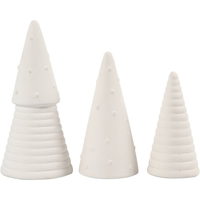 Sapins de Noël, H : 10+12+15 cm, d 5+6+7 cm, blanc, 3 pièces/ 1 Pq.