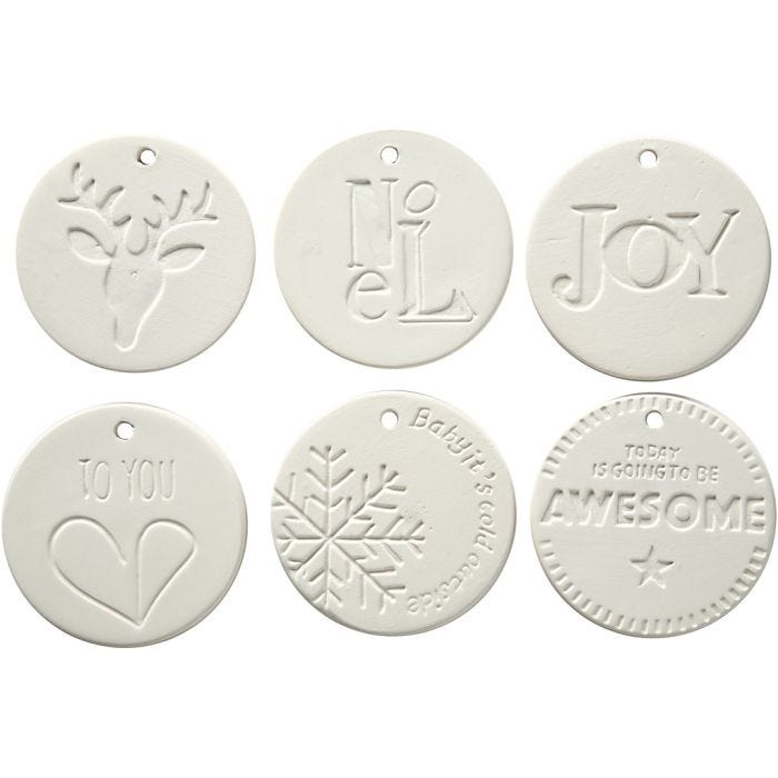 Décorations à suspendre, dim. 7x7 cm, ép. 0,6 cm, blanc, 6 pièces/ 1 Pq.