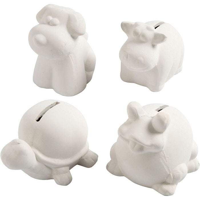 Tirelires en forme d'animaux, H : 7-10 cm, blanc, 4 pièces/ 1 Pq.