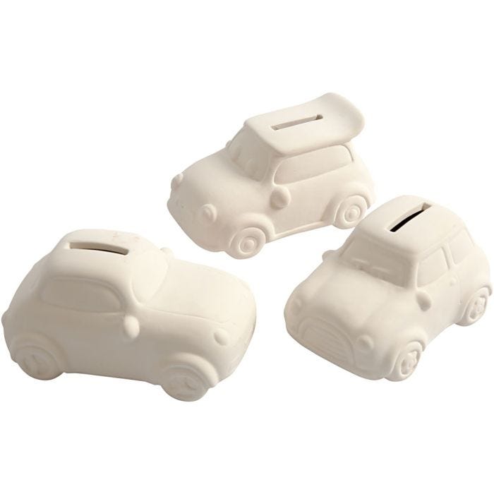 Tirelires voitures, H : 5,5 cm, L : 12,5 cm, L : 7,8 cm, blanc, 12 pièces/ 1 Pq.