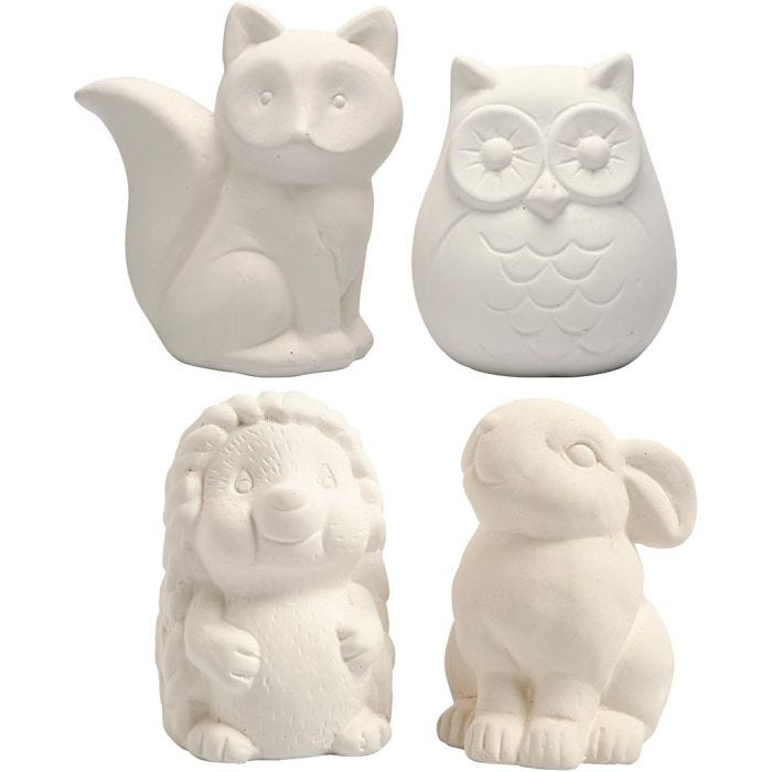 Tirelires en forme d'animaux, hibou, renard, hérisson, lièvre, H: 9-10 cm, blanc, 4 pièce/ 1 boîte