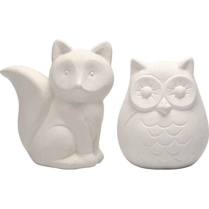 Dierenspaarpot, uil en vos, H: 9 cm, wit, 2 stuk/ 1 doos