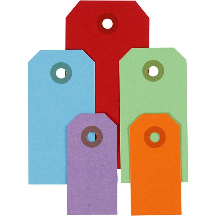 Étiquettes en carton, dim. 3x6+4x8+5x10 cm, 220 gr, ass. de couleurs, 500 pièces/ 1 Pq.