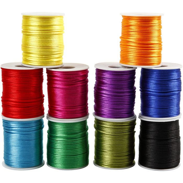 Cordon en satin, ép. 2 mm, Couleurs vives, 10x50 m/ 1 Pq.