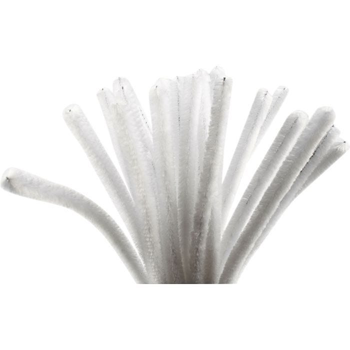Fil chenille, L : 30 cm, ép. 9 mm, blanc, 25 pièces/ 1 Pq.