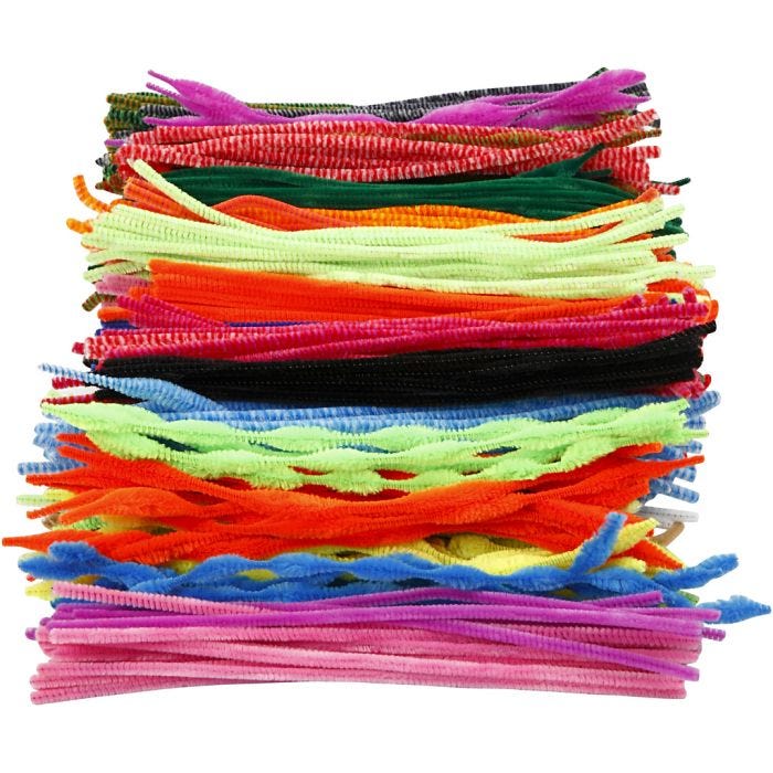 Fil chenille, L : 30 cm, ép. 6-15 mm, ass. de couleurs, 500 ass./ 1 Pq.