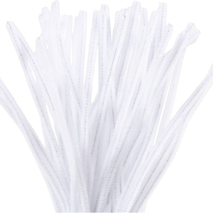 Fil chenille, L : 30 cm, ép. 6 mm, blanc, 50 pièces/ 1 Pq.