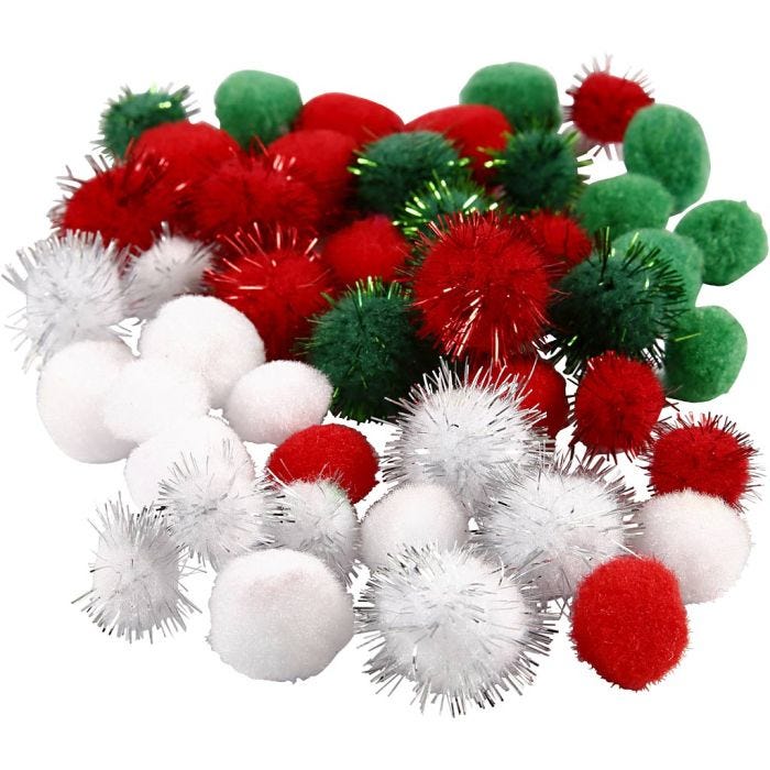 Pompons, d 15+20 mm, vert, rouge, blanc, 48 ass./ 1 Pq.