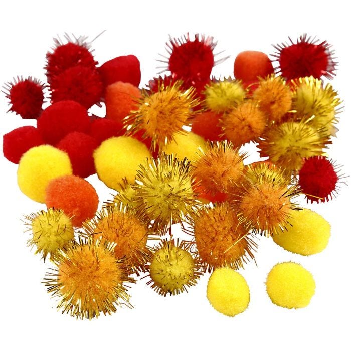 Pompons, d 15+20 mm, orange, rouge, jaune, 48 ass./ 1 Pq.