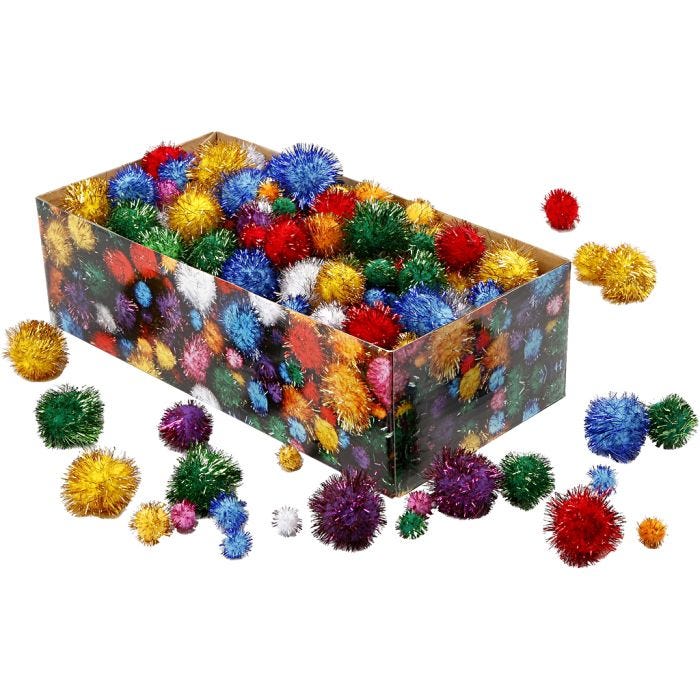 Pompons scintillants, d 15-40 mm, paillettes, Couleurs vives, 400 gr/ 1 Pq.