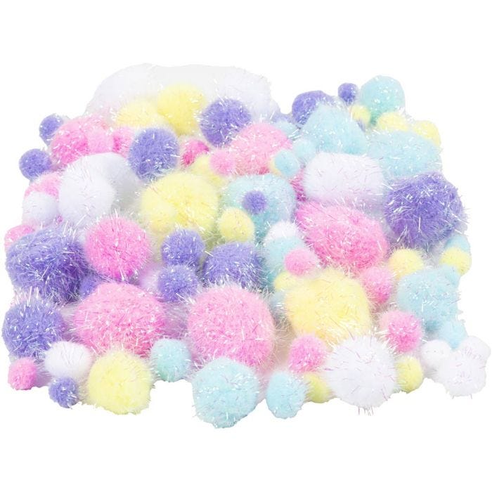 Pompons, d 15-40 mm, paillettes, couleurs pastel, 62 gr/ 1 Pq.
