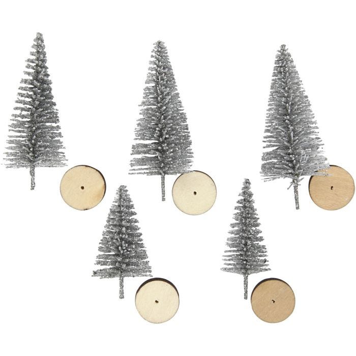 Sapins de Noël, H : 40+60 mm, argent, 5 pièces/ 1 Pq.