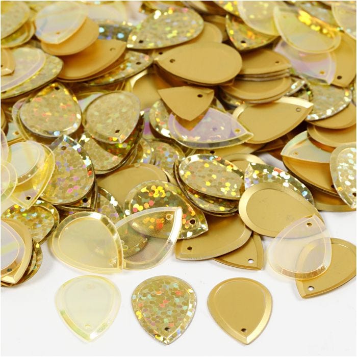 Pailletten, druppel, afm 14x19 mm, goud, 50 gr/ 1 doos