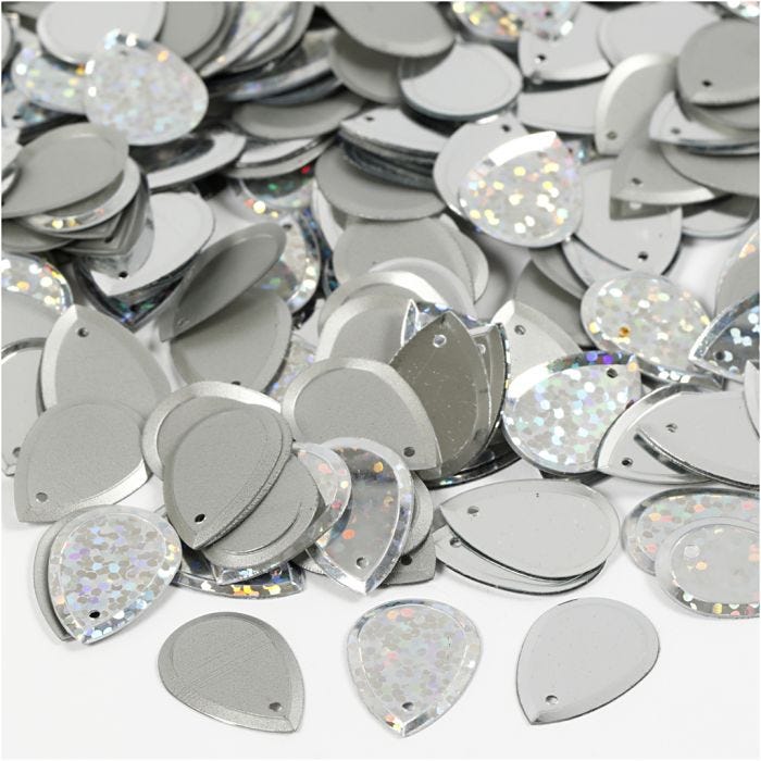 Pailletten, druppel, afm 14x19 mm, zilver, 50 gr/ 1 doos