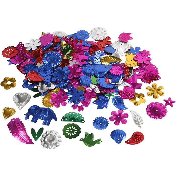 Sequins, dim. 15-45 mm, Couleurs vives, 30 gr/ 1 Pq.
