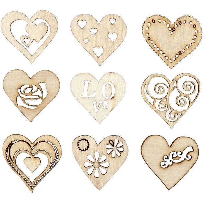 Décorations en bois, love, dim. 28 mm, 45 pièces/ 1 Pq.