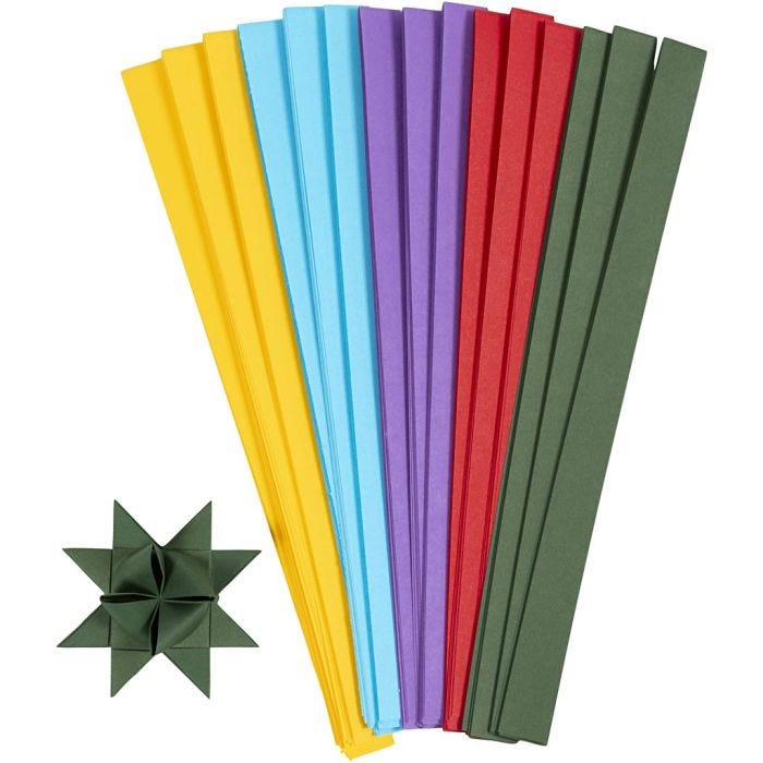 Bandes de papier étoiles, L : 45 cm, d 6,5 cm, L : 15 mm, ass. de couleurs, 500 pièces/ 1 Pq.