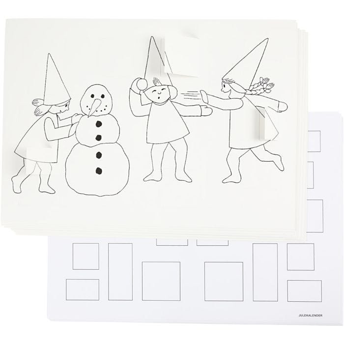 Calendrier de l'Avent décoré de lutins faisant une bataille de boules de neige, A3, dim. 30x42 cm, blanc, 30 pièces/ 1 Pq.