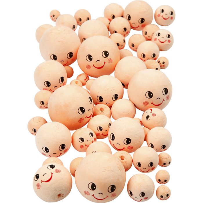 Boules de coton avec visages, d 12+18+22+30+40 mm, beige clair, 100 pièces/ 1 Pq.