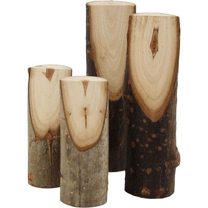 Bouts de bois décoratifs coupés en biais, H : 8+12 cm, d 2,5-3,5 cm, 4 pièces/ 1 Pq.
