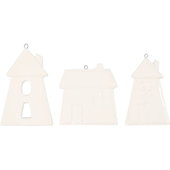 Décorations à suspendre, maisons, H : 7,6-9,7 cm, blanc, 18 pièces/ 1 Pq.