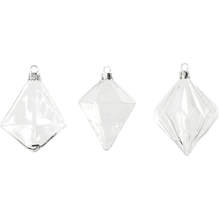 Décorations en Verre, H : 9,6+9,8+10,5 cm, d 7+7,9+8 cm, transparent, 3 pièces/ 1 Pq.