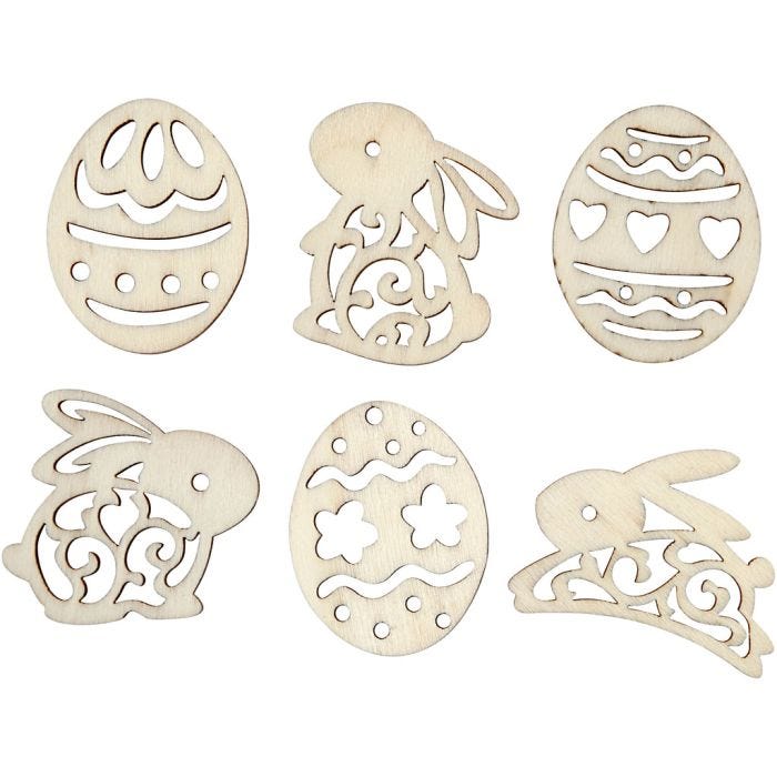 Décorations en bois, Oeuf et lapin de Pâques , H : 40 mm, ép. 3 mm, 24 pièces/ 1 Pq.