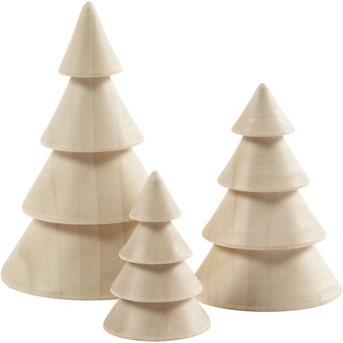 Sapins de Noël en bois, H : 5+7,5+10 cm, d 3,5+5,4+6,7 cm, 3 pièces/ 1 Pq.