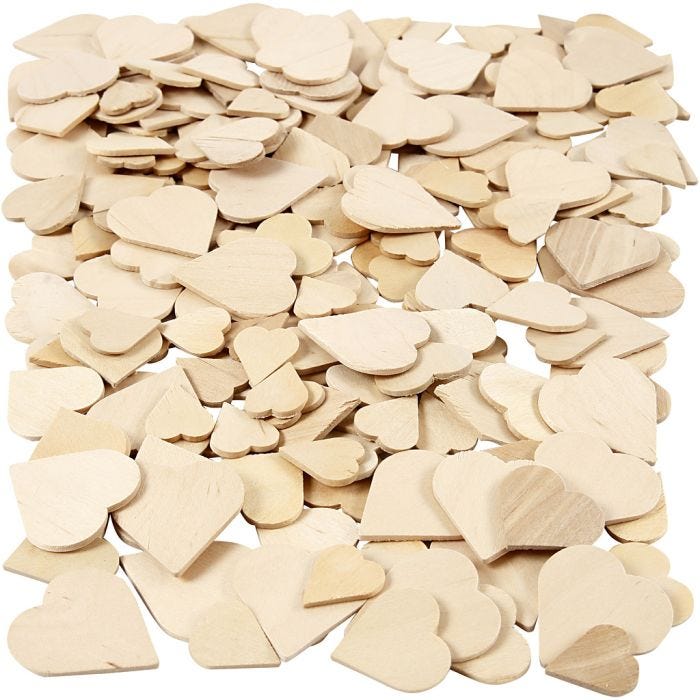 Coeurs mosaïque en bois, dim. 18-30 mm, ép. 2 mm, 60 pièces/ 1 Pq.