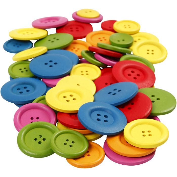 Boutons en bois, d 25-40 mm, 2-4 trous, ass. de couleurs, 144 pièces/ 1 Pq.