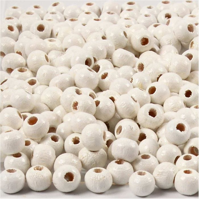 Perles en Bois, d 5 mm, diamètre intérieur 1,5 mm, blanc, 6 gr/ 1 Pq.
