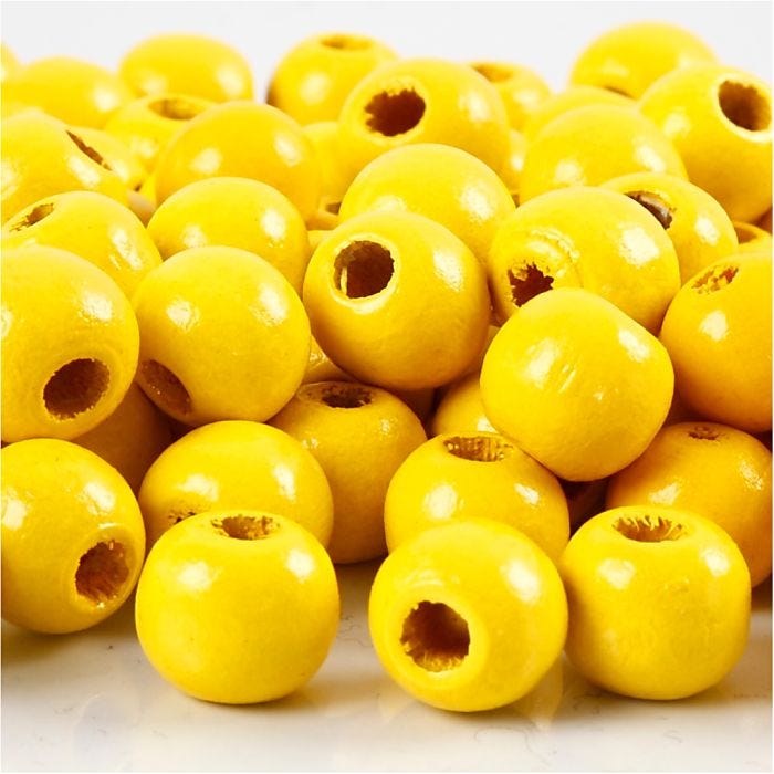Perles en Bois, d 12 mm, diamètre intérieur 3 mm, jaune, 22 gr/ 1 Pq.