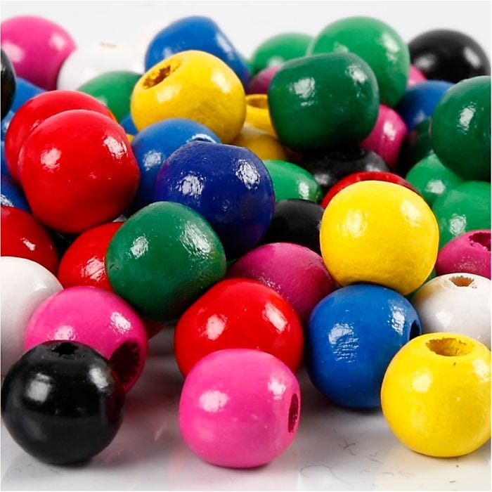 Mélange de perles en bois, d 10 mm, diamètre intérieur 3 mm, ass. de couleurs, 20 gr/ 1 Pq.