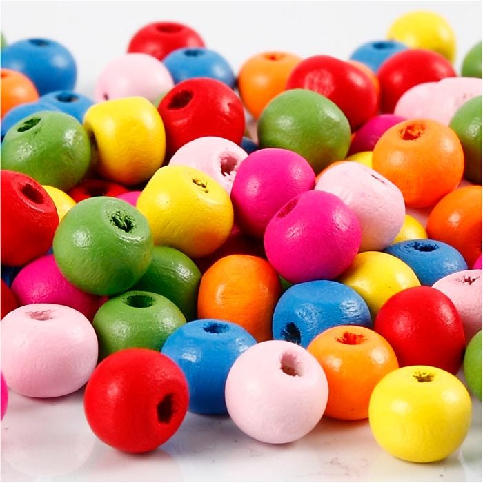 Perles en bois, d 8 mm, diamètre intérieur 1,5-2 mm, ass. de couleurs, 16 gr/ 1 Pq.