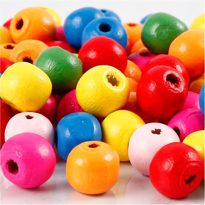 Perles en bois, d 10 mm, diamètre intérieur 2,5-3 mm, ass. de couleurs, 22 gr/ 1 Pq.