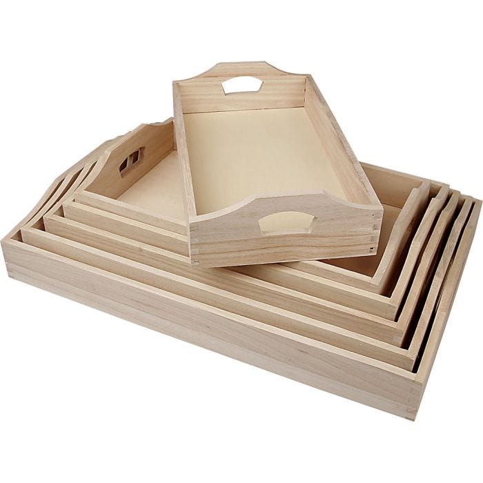 Plateaux en bois, H : 5 cm, L : 29+32+35+38+41+44 cm, L : 16,5+19+22+25+27+30 cm, 6 pièces/ 1 set