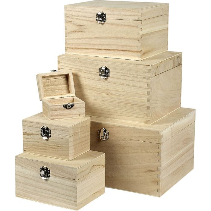 Set de boîtes en bois, H : 5+7+9+11+13+15 cm, L : 8+11,8+15,8+20+24+27,7 cm, L : 5,8+8,8+12+15+18+21 cm, 6 pièces/ 1 set