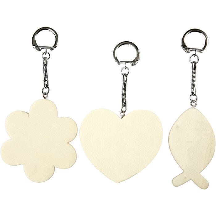 Porte-clés avec pendentif en bois, dim. 6-7 cm, ép. 3 mm, 3 pièces/ 1 Pq.