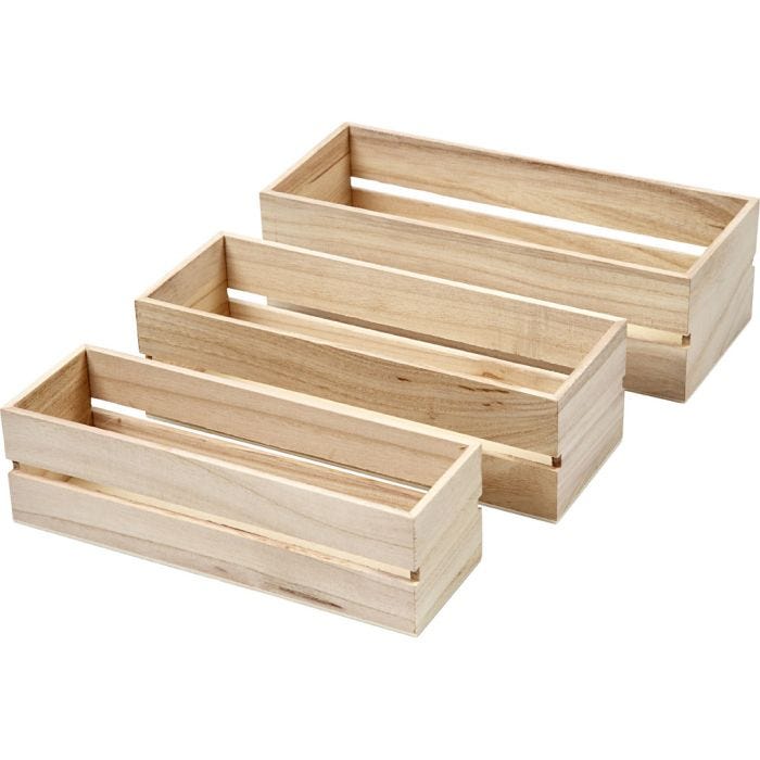 Caisses à fruits, H : 6,5+7+7,5 cm, L : 22+23,5+25 cm, L : 7+8,5+10 cm, 3 pièces/ 1 set