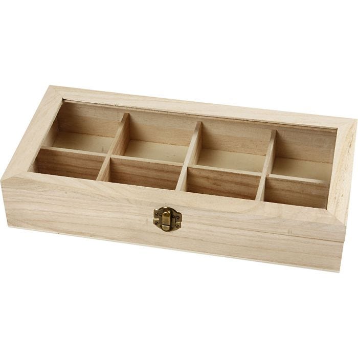 Houten doos met glazen deksel, afm 32x16x6 cm, 1 stuk