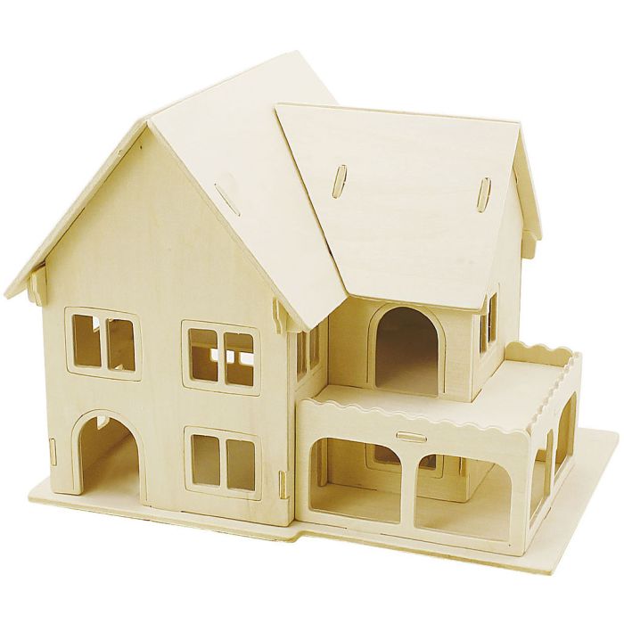 3D Houten Constructie Set, Huis met veranda, afm 22,5x16x17,5, 1 stuk