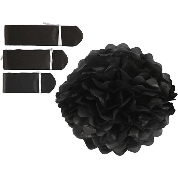 Pompons en papier, d 20+24+30 cm, 16 gr, noir, 3 pièces/ 1 Pq.