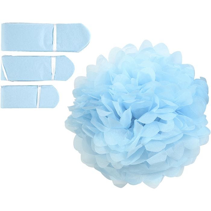 Pompons en papier, d 20+24+30 cm, 16 gr, bleu clair, 3 pièces/ 1 Pq.