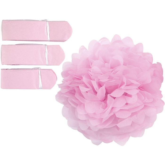 Pompons en papier, d 20+24+30 cm, 16 gr, rose clair, 3 pièces/ 1 Pq.